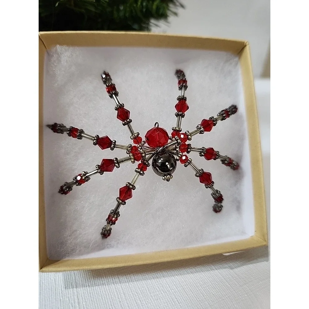 Christmas Spider‎ Ornament  Hand Crafted One Of A Kind Red And Silver